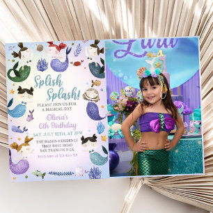 Mermaid 6th Birthday Splish Splash Party Photo Invitation