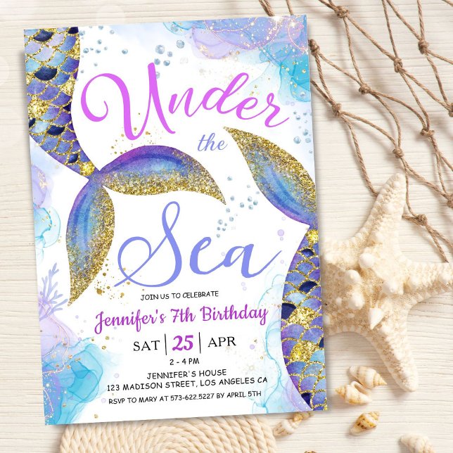 Mermaid 7th Birthday Girl Pink Under the Sea Invitation (Creator Uploaded)