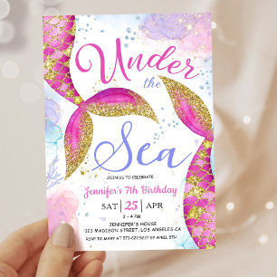 Mermaid 7th Birthday Party Pink Girl Under the Sea Invitation