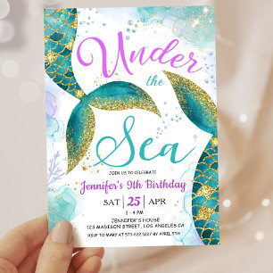 Mermaid 9th Birthday Girl Pink Teal Under the Sea Invitation