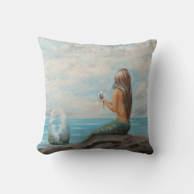 mermaid accent throw pillow, beach house decor cushion (Front)
