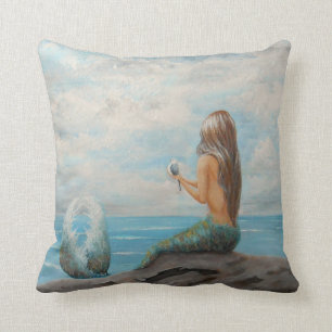 mermaid accent throw pillow, beach house decor cushion