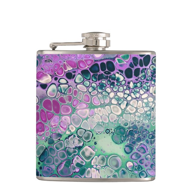 Mermaid Acrylic Pour, Cool Colourful Abstract Hip Flask (Front)