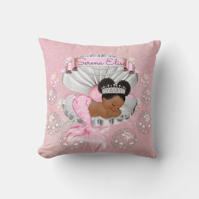 Mermaid African American Baby Pink Shell Pearls Cushion (Front)