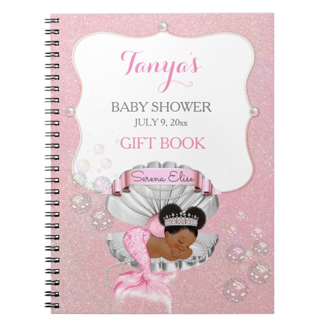 Mermaid African American Baby Pink Shell Pearls Notebook (Front)