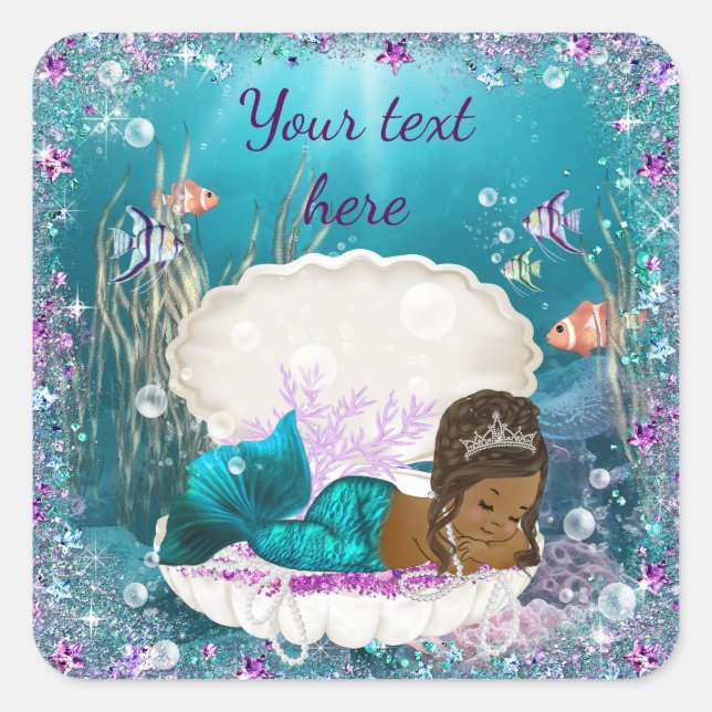 Mermaid African American Girl Baby Shower Stickers (Front)