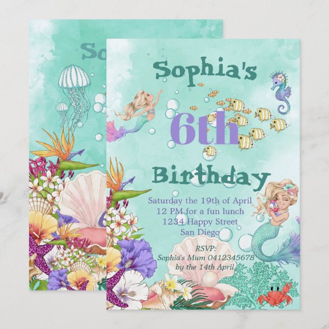 Mermaid Age Cute Green Under The Sea Birthday Invitation (Front/Back)