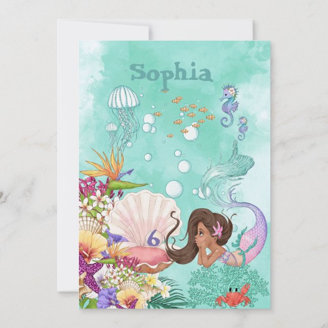 Mermaid Age Dark Hair Under The Sea Birthday  Invitation (Back)