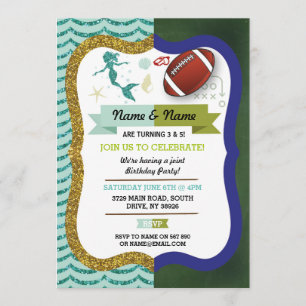Mermaid & American Football Boy Girl Birthday Invitation