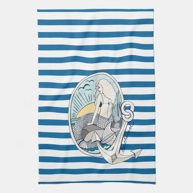 Mermaid and Anchor Blue and White Stripe Towel (Vertical)