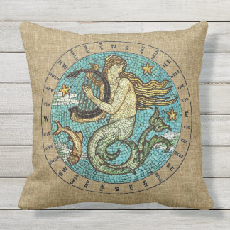 MERMAID AND COMPASS OUTDOOR PILLOW - 20" square