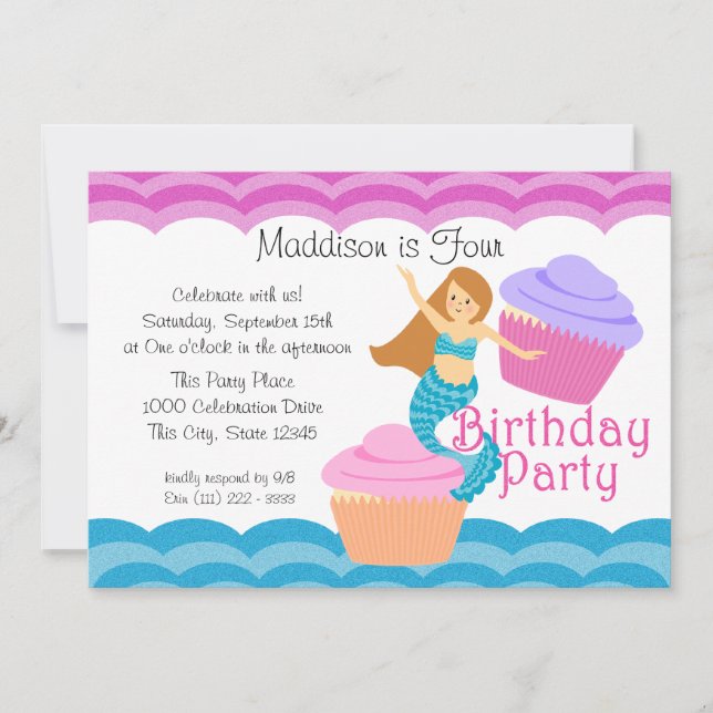 Mermaid and Cupcakes Birthday Invitation (Front)
