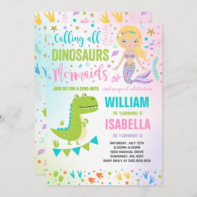 Mermaid And Dinosaur Birthday Invitation Magical (Front/Back)