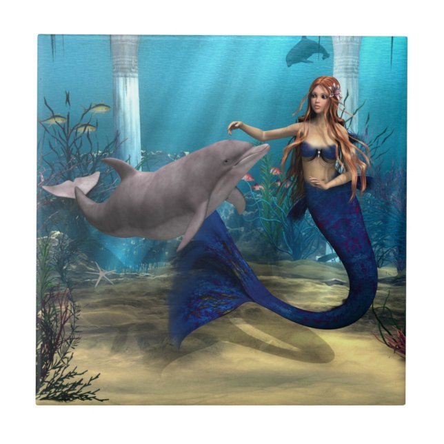 Mermaid and Dolphin Ceramic Tile (Front)