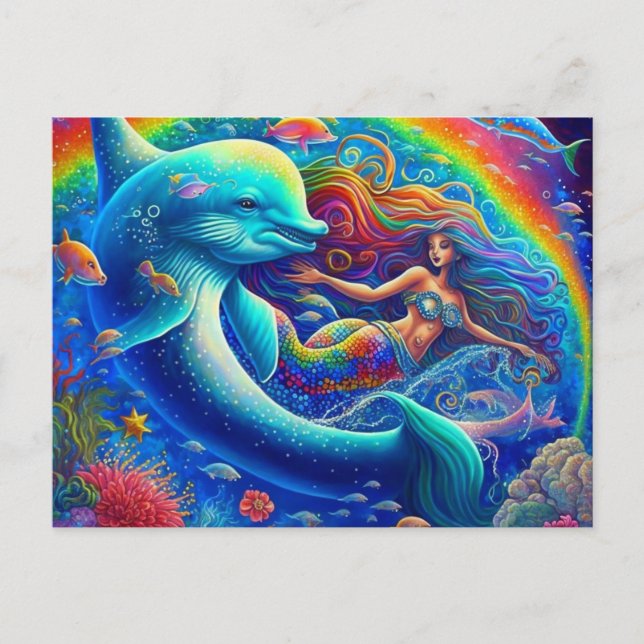 Mermaid and Dolphin Colourful 1990s style Postcard (Front)
