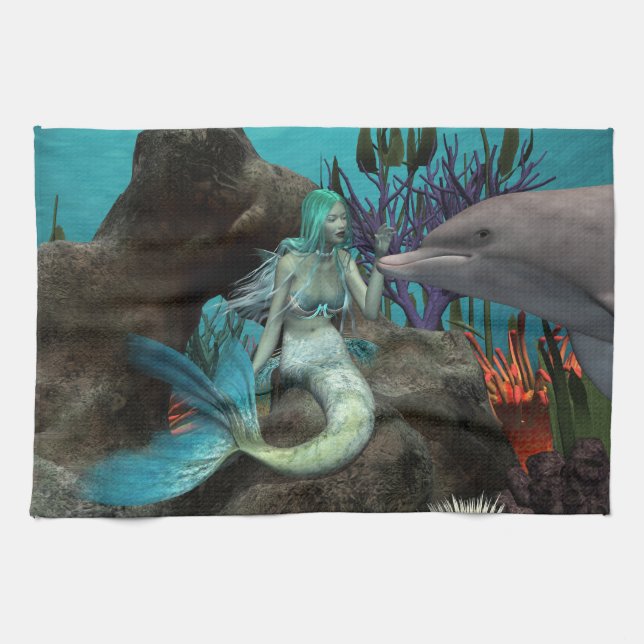 Mermaid and Dolphin Under the Sea Tea Towel (Horizontal)