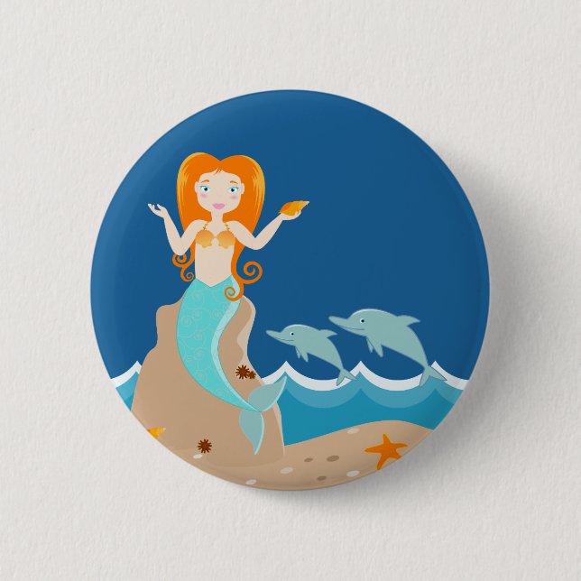 Mermaid and dolphins birthday party 6 cm round badge (Front)