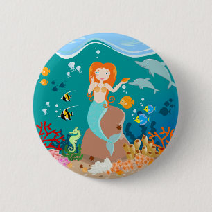 Mermaid and dolphins birthday party 6 cm round badge