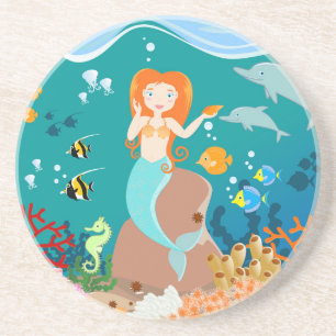 Mermaid and dolphins birthday party coaster