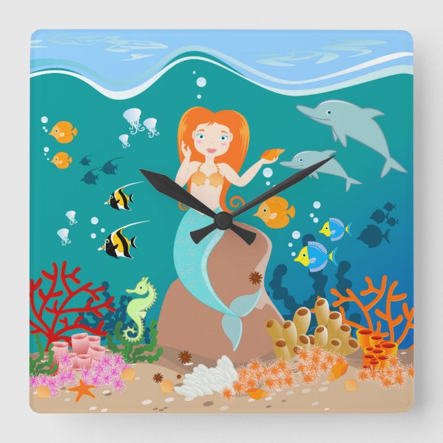 Mermaid and dolphins birthday party square wall clock (Front)