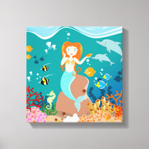 Mermaid and dolphins under the sea birthday party canvas print