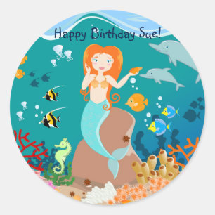 Mermaid and dolphins under the sea birthday party classic round sticker