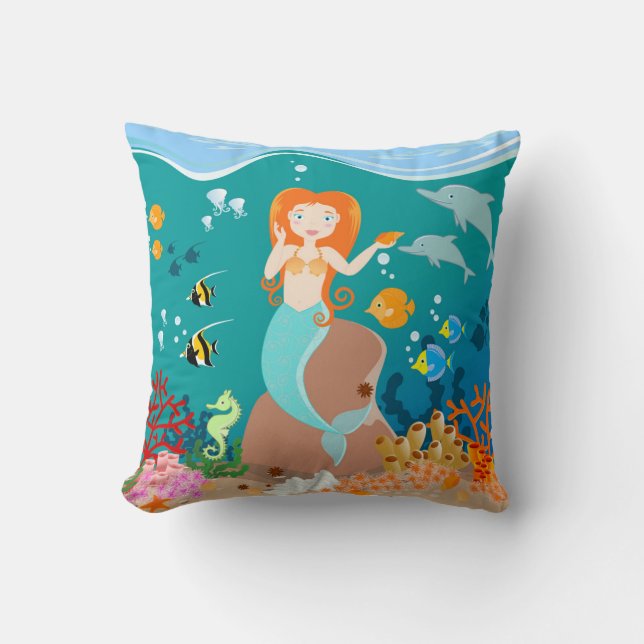 Mermaid  and dolphins under the sea birthday party cushion (Front)