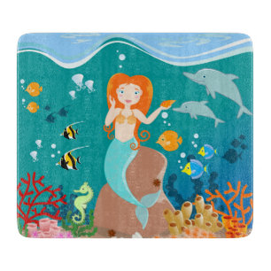 Mermaid and dolphins under the sea birthday party cutting board