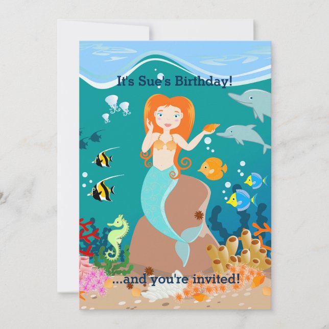 Mermaid  and dolphins under the sea birthday party invitation (Front)