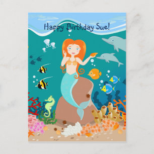 Mermaid  and dolphins under the sea birthday party invitation postcard