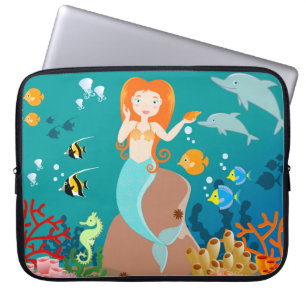 Mermaid and dolphins under the sea birthday party laptop sleeve
