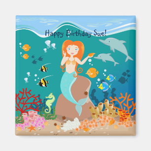Mermaid  and dolphins under the sea birthday party magnet