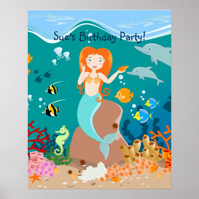 Mermaid  and dolphins under the sea birthday party poster (Front)