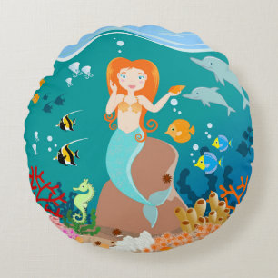 Mermaid and dolphins under the sea birthday party round cushion