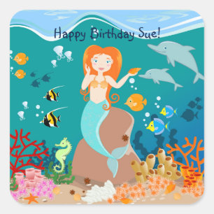 Mermaid and dolphins under the sea birthday party square sticker