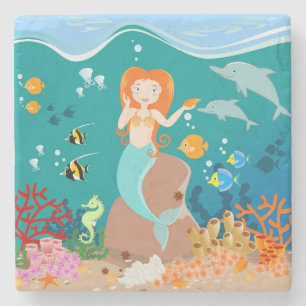 Mermaid and dolphins under the sea birthday party stone coaster