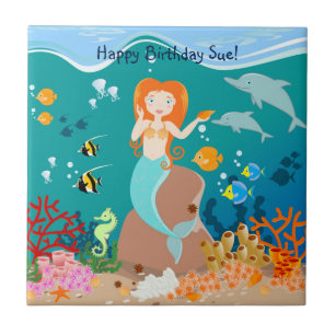 Mermaid and dolphins under the sea birthday party tile