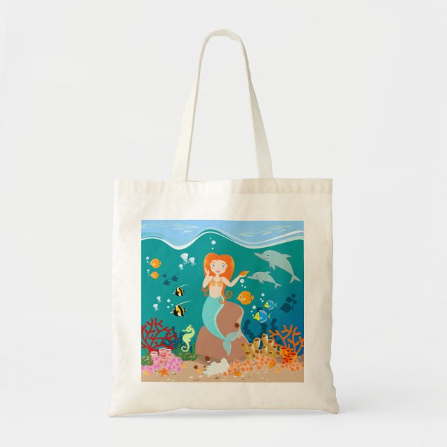 Mermaid  and dolphins under the sea birthday party tote bag (Front)