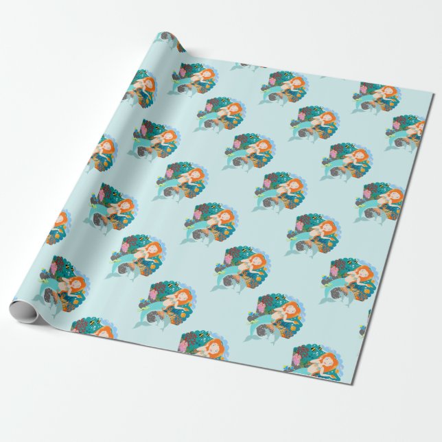 Mermaid  and dolphins under the sea birthday party wrapping paper (Unrolled)