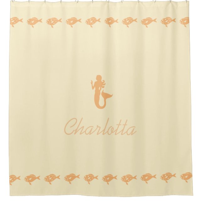 Mermaid and Fish Peach Maritime Symbols with Name Shower Curtain (Front)