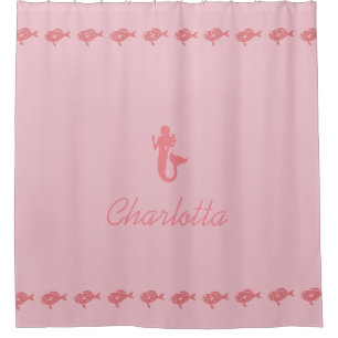 Mermaid and Fish Pink Maritime Symbols with Name Shower Curtain