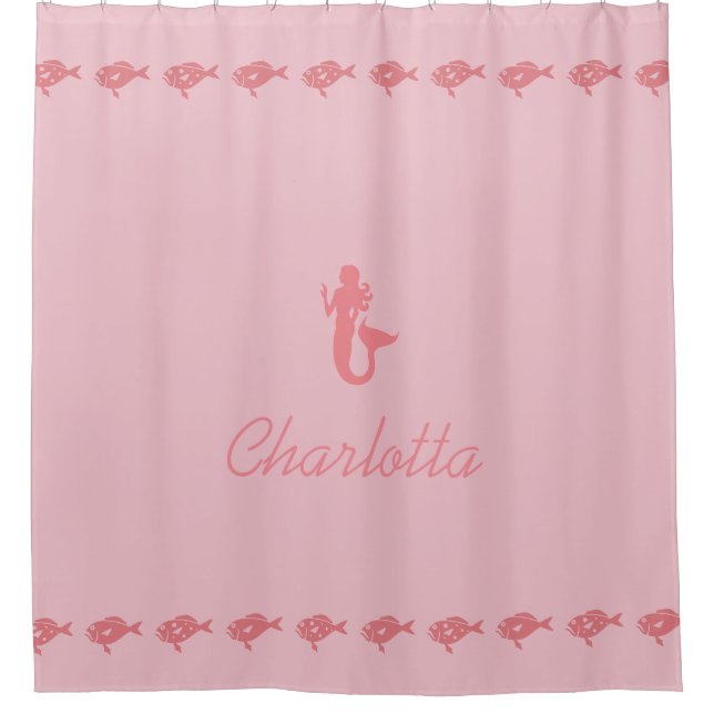 Mermaid and Fish Pink Maritime Symbols with Name Shower Curtain (Front)