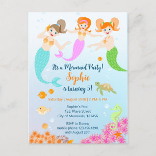 Mermaid and friends girly Birthday Party Invitation Postcard