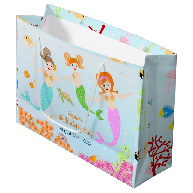 Mermaid and friends girly Birthday Party Large Gift Bag (Front Angled)