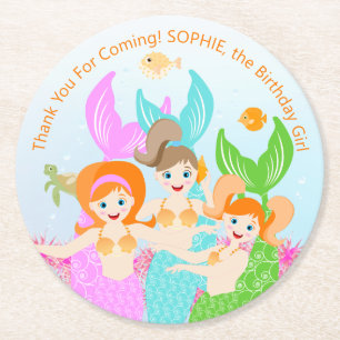Mermaid and friends girly Birthday Party Round Paper Coaster