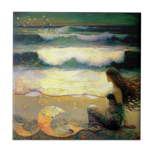 Mermaid and Golden Sea Sprites Ceramic Tile