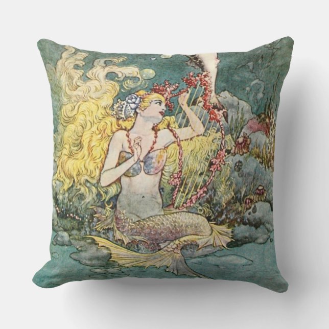 “Mermaid and Harp” by Charles Folkard Cushion (Front)