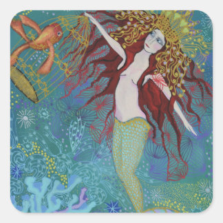 Mermaid and her pet Faux Wrapped Canvas Print Square Sticker