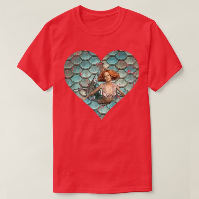 Mermaid And Mermaid Scale Heart Teal And Turquoise T-Shirt (Design Front)