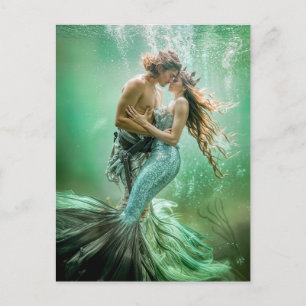 Mermaid and Merman Couple Underwater Embrace Holiday Postcard